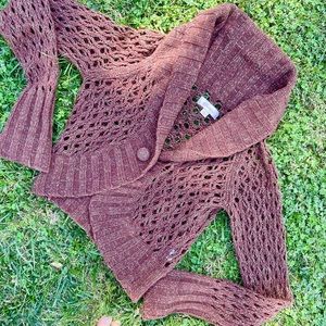 Y2k Fall winter brown crochet cropped cardigan with shimmery gold threads